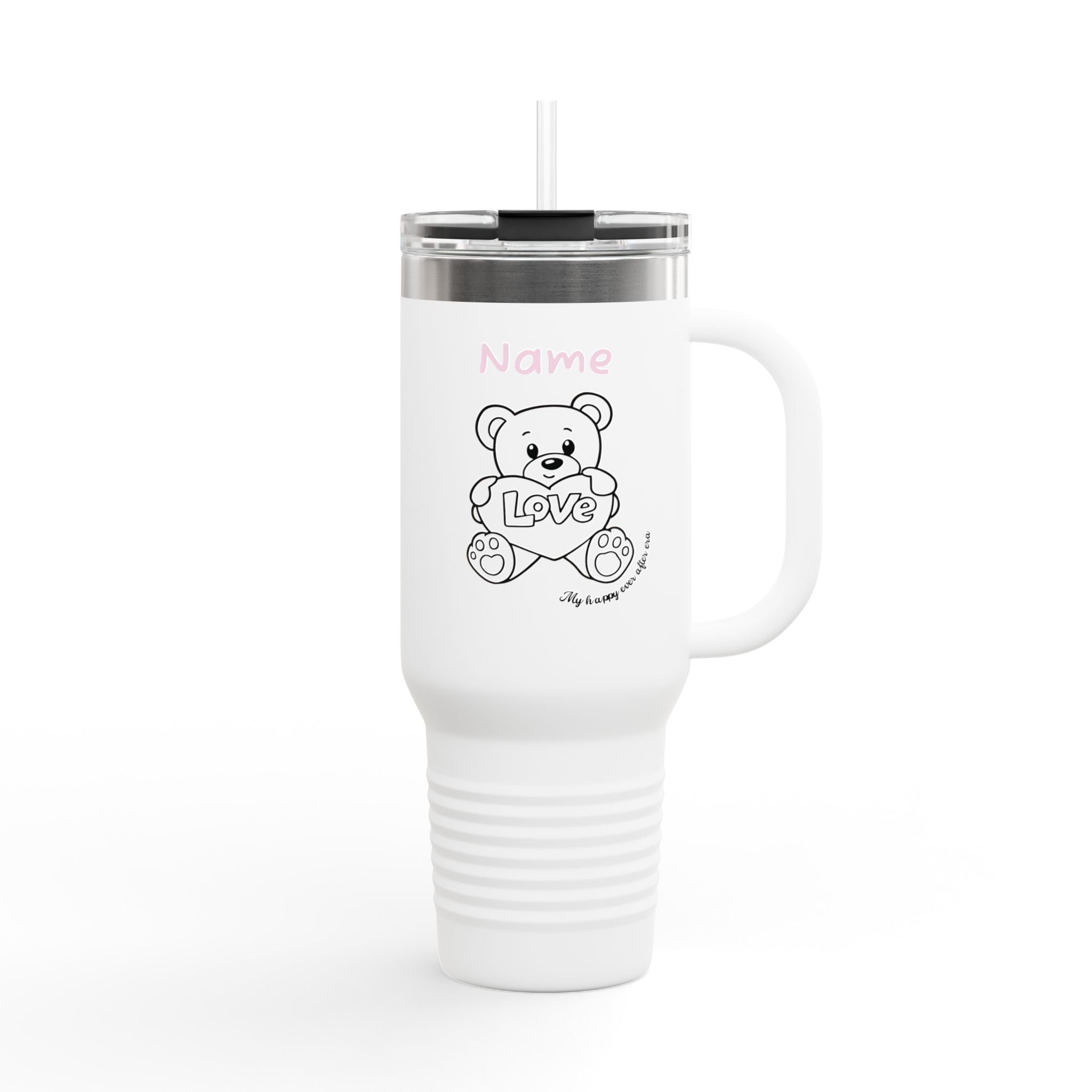 40oz Insulated Travel Mug — Cute Teddy 'Love' Design, Personalized Name Option