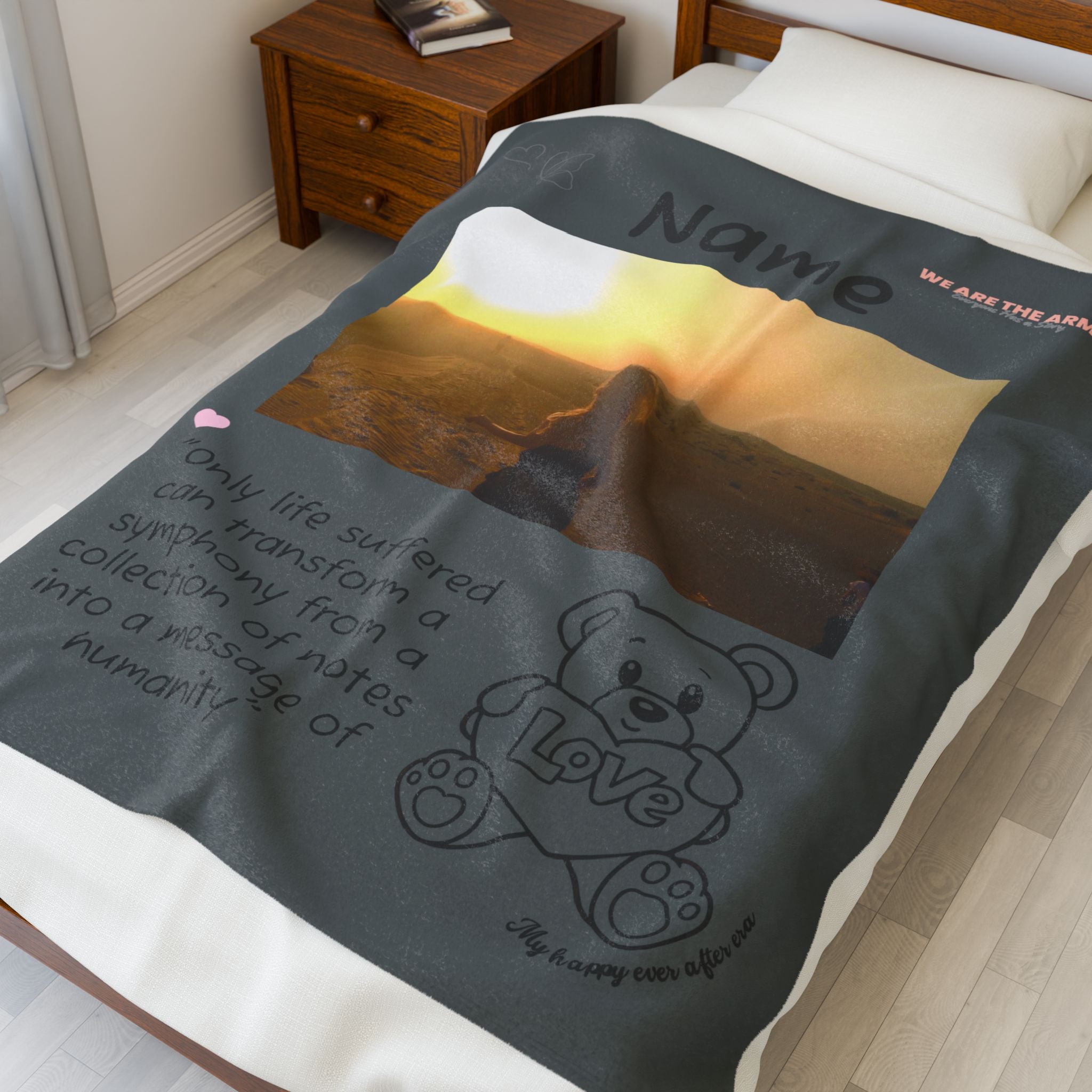 Personalized Velveteen Photo Blanket – Custom Name & Inspirational Quote Teddy Design