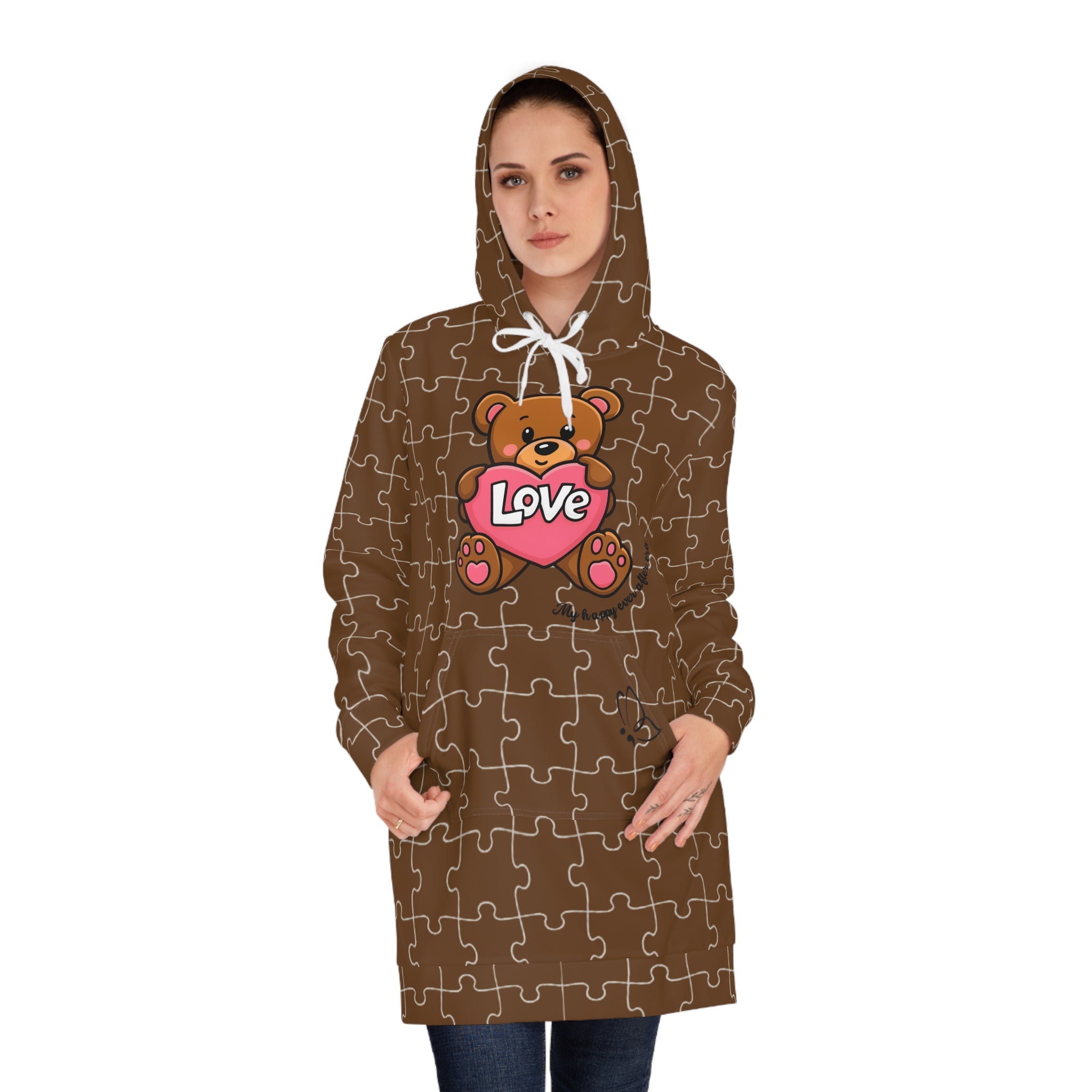 Brown Teddy Puzzle Semi-Colon Hoodie Dress