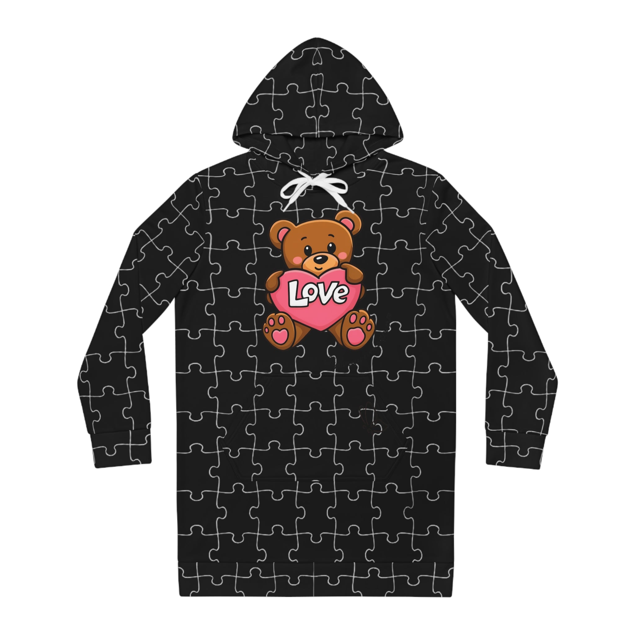 Black Teddy Puzzle Semi-Colon Hoodie Dress