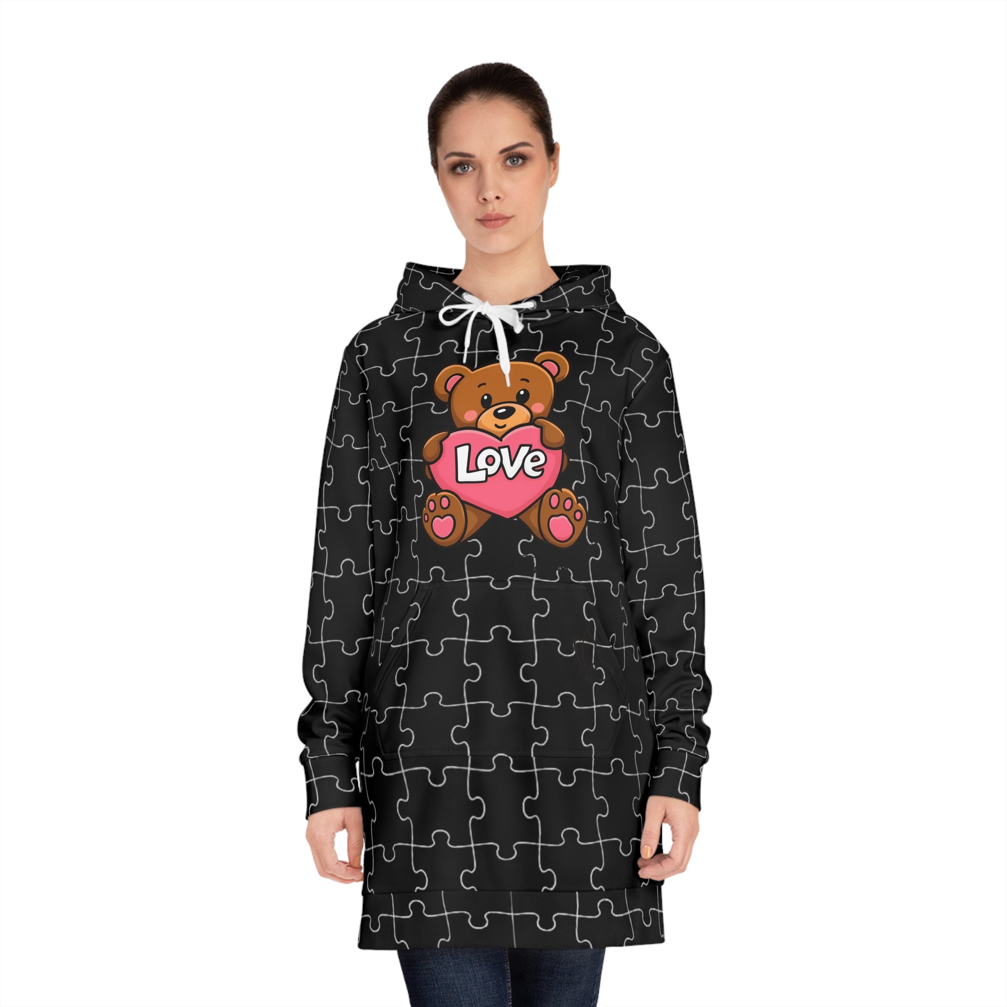 Black Teddy Puzzle Semi-Colon Hoodie Dress
