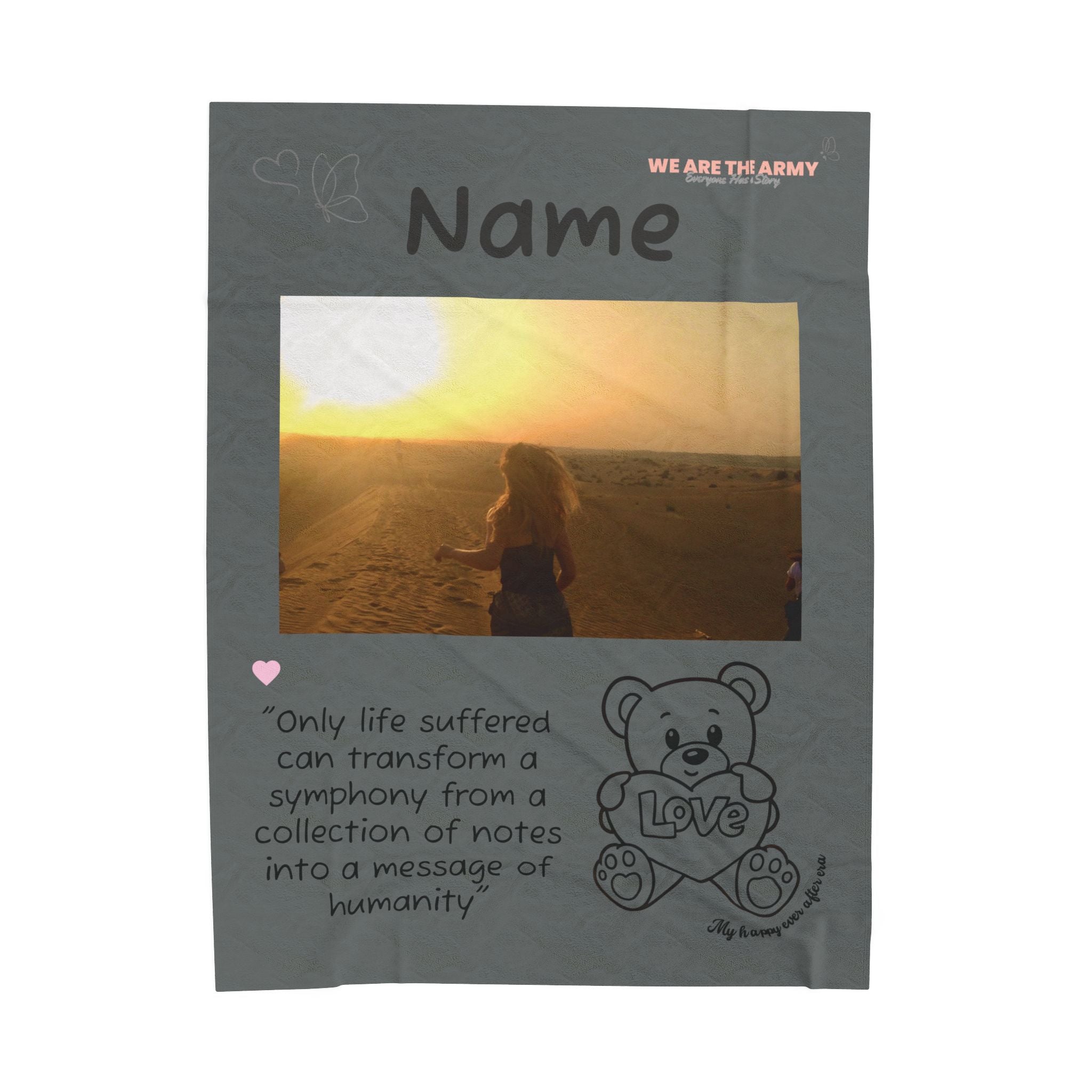 Personalized Velveteen Photo Blanket – Custom Name & Inspirational Quote Teddy Design